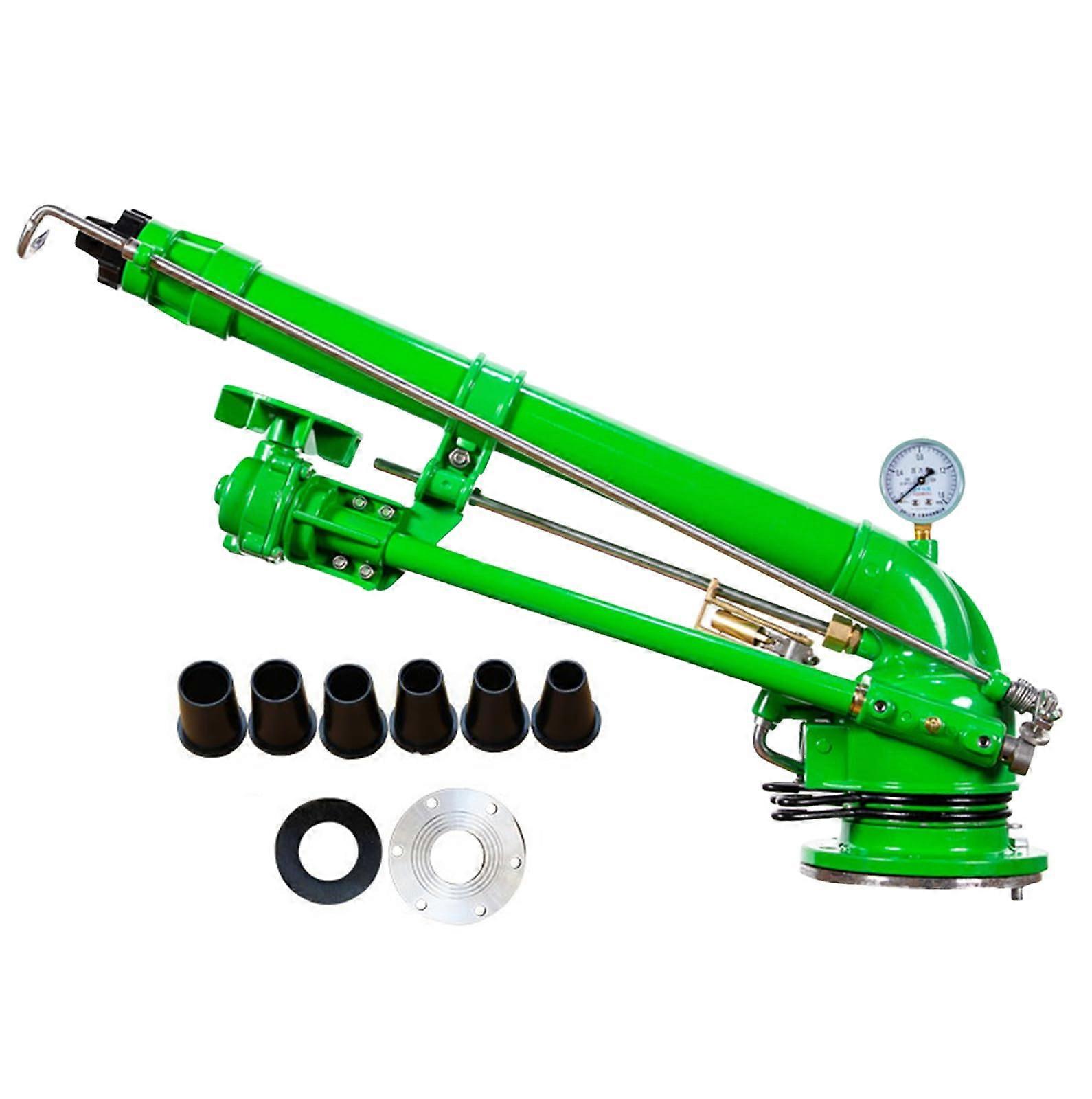 Aspersor agrícola de 2 polegadas com alcance ajustável de 360° e kit de bicos para pomares e campos.