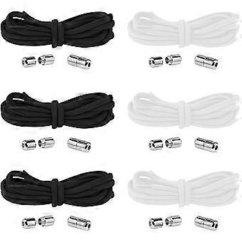 Cadarços elásticos, 6 pares de cadarços infantis sem nós de 105 cm com fivela de metal, cadarços elásticos sem nós preto e branco