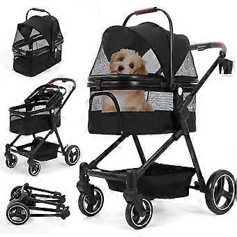 Foldable 3-in-1 pet stroller for small dogs and cats up to 15 kg, featuring safety straps, shock absorption, a pedal brake, a mesh window, and storage space.