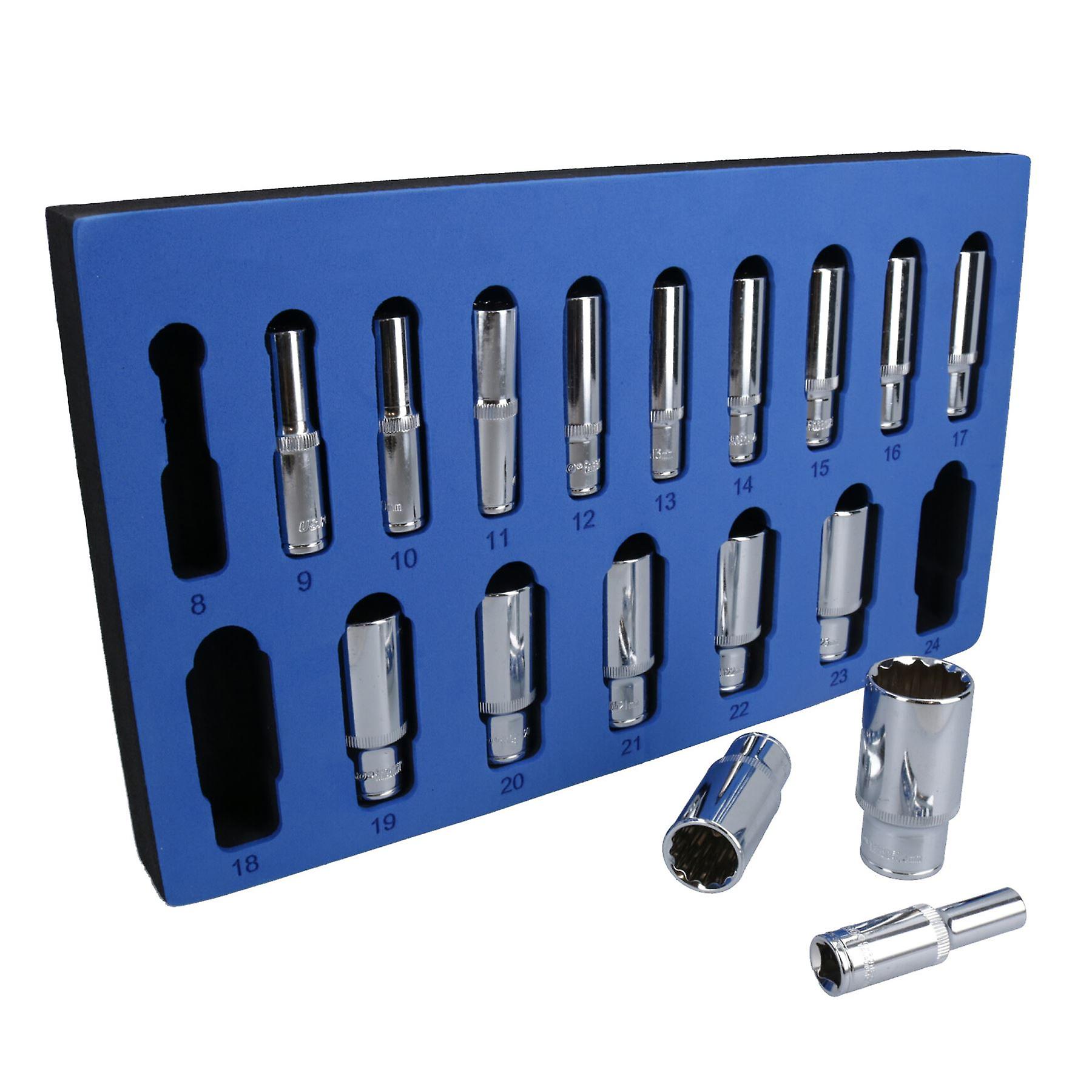 3/8" Drive Double Deep Metric MM Sockets 12 Sided Bi-Hex 8mm - 24mm 17pc