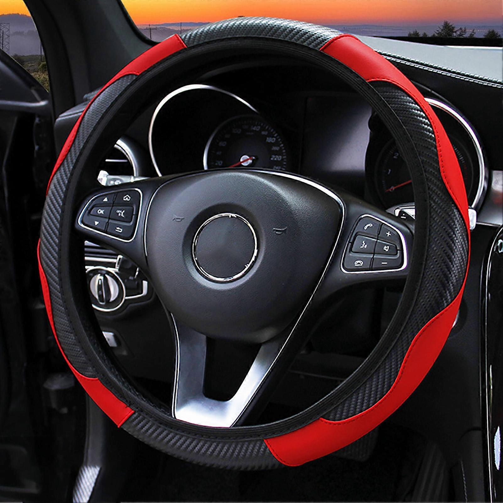 Housse de volant de 38 cm en fibre de carbone, avec poignée élastique et antidérapante, pour voiture, noir et rouge