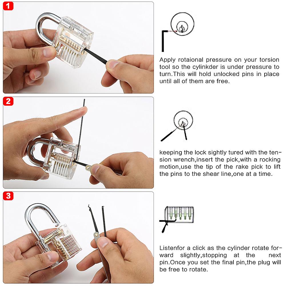 15Pcs Lock Pick Set with 2Pcs Keys 1pc Clear Training Padlock for Beginner Locksmiths
