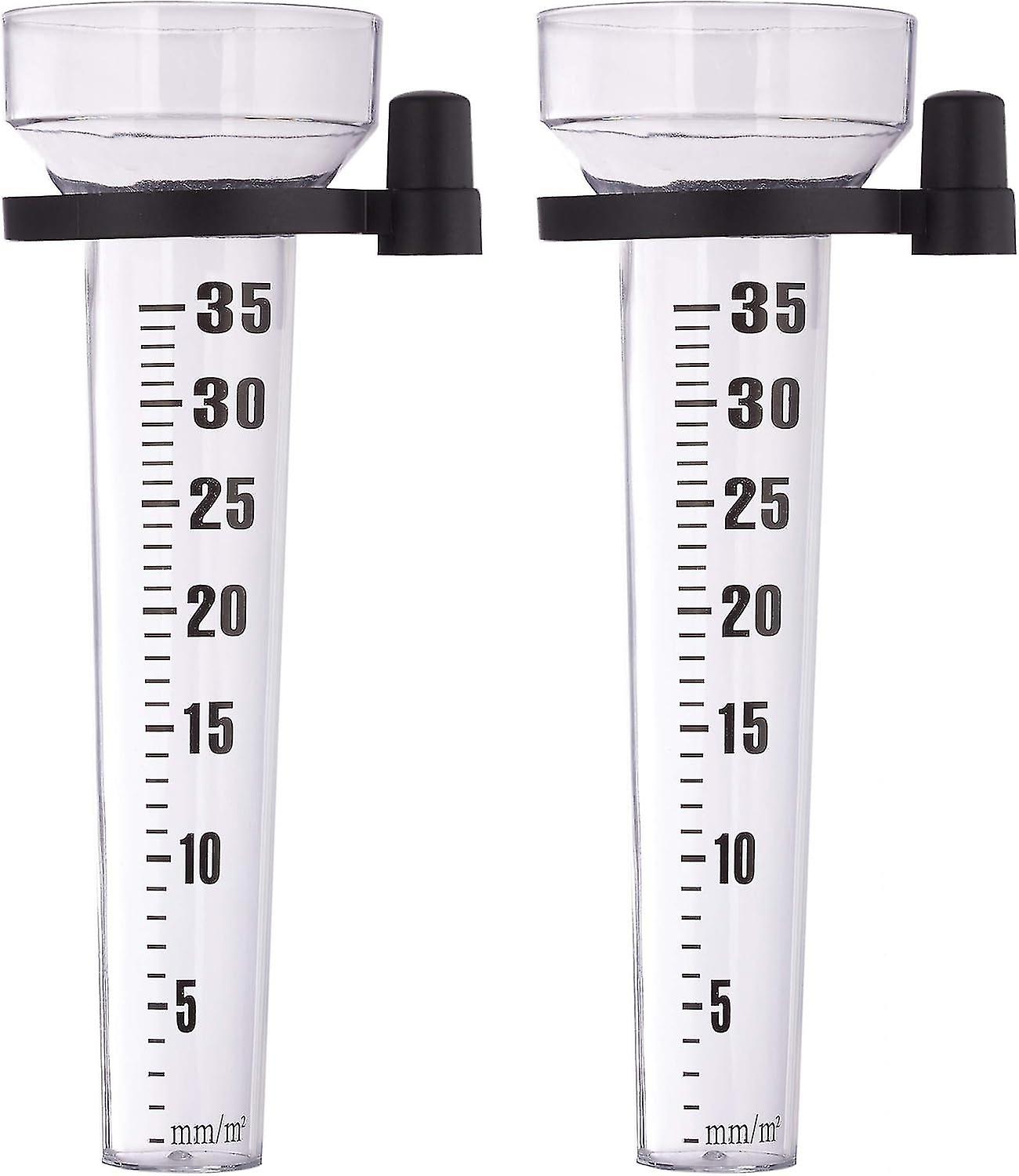 Clear 2 Pack Rain Gauge, Clamp On, Garden Meter, Large Display, 35mm/m², Plastic Random Color