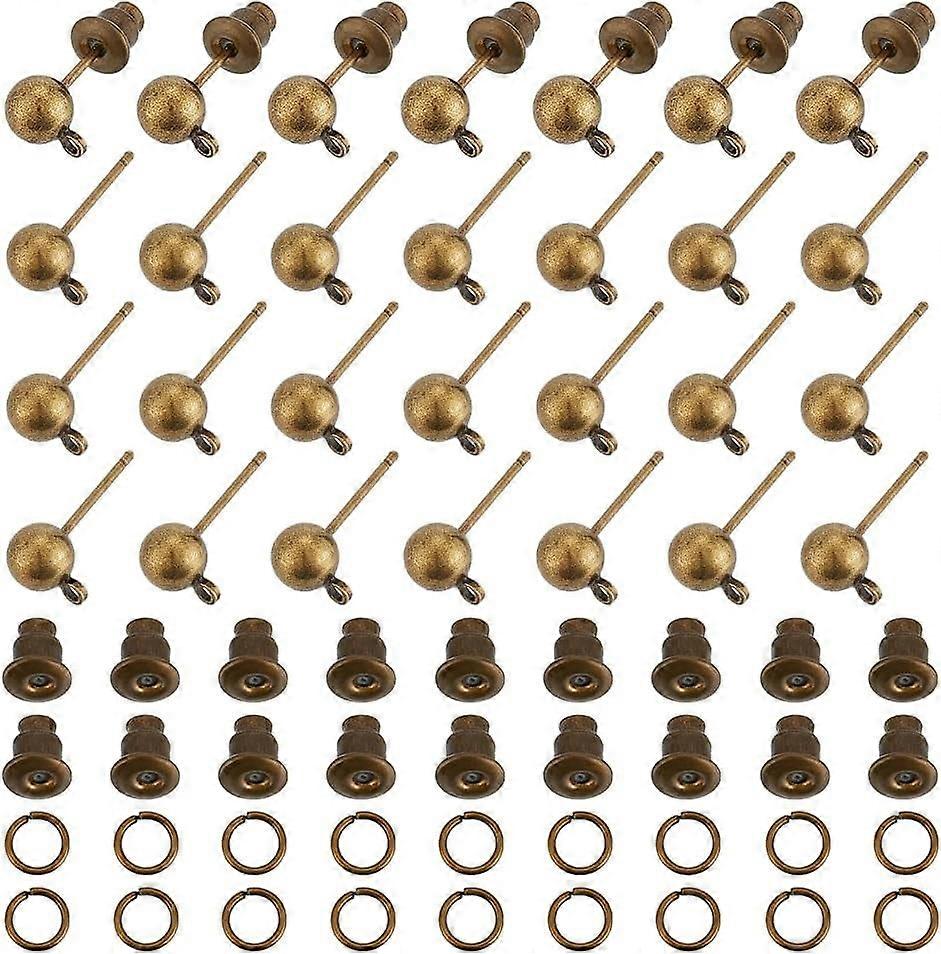 40Pcs Antique Bronze Brass Ball Stud Earring FindingsStud Earring Post with Horizontal Loops with Ear Nuts and Iron Jump Ring Metal Earring Studs for 