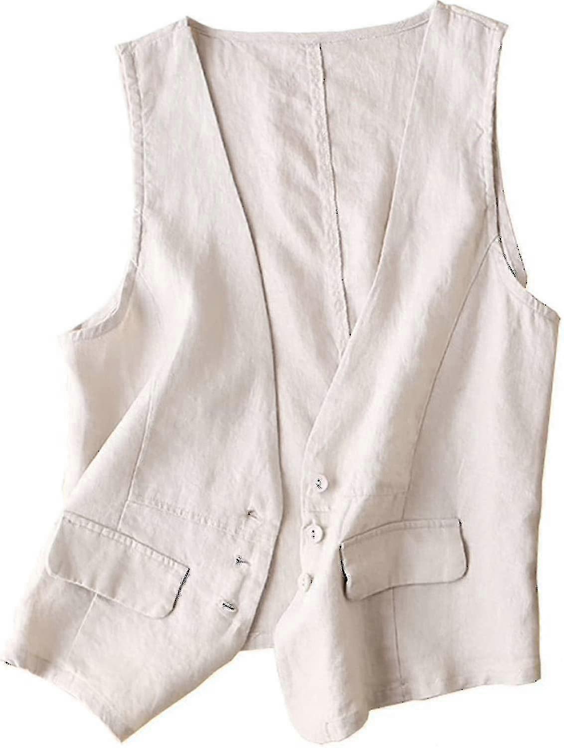 Kvinder Bomuld Linned Vest Casual Løs V hals Ærmeløse Veste Jakke