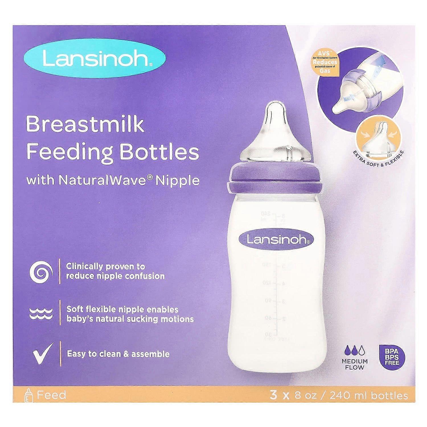 Lansinoh, Breastmilk Feeding Bottles with NaturalWave Nipple, Medium Flow, 3 Bottles, 8 oz (240 ml)
