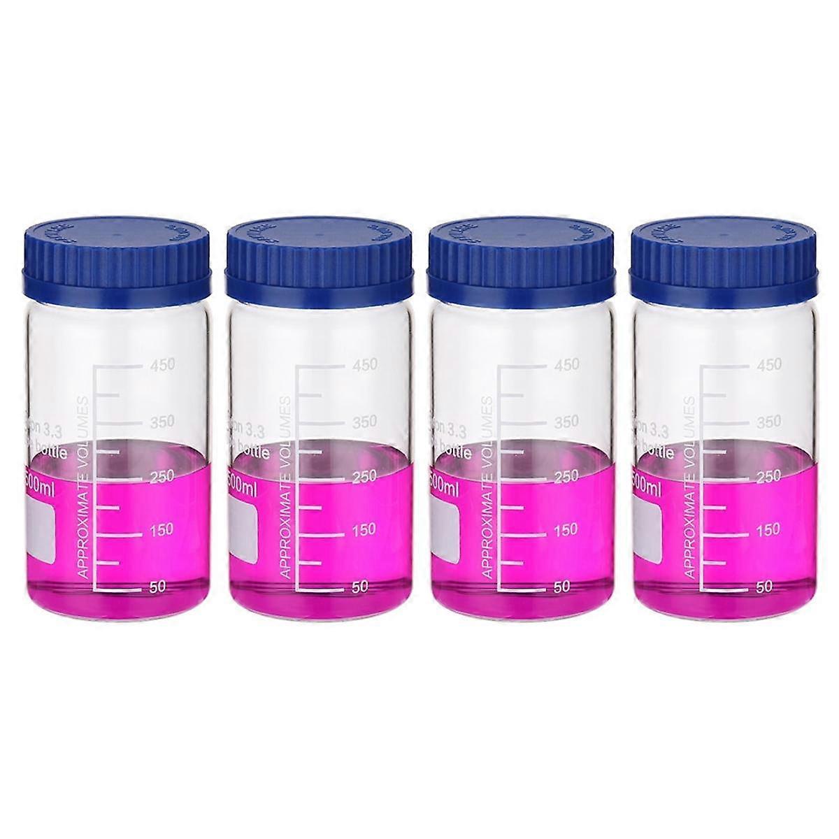 4 Pack Reagent Media Storage Bottles, 500ml Borosilicate Glass Wide Mouth Graduated Round Bottles with GL32 Screw Cap