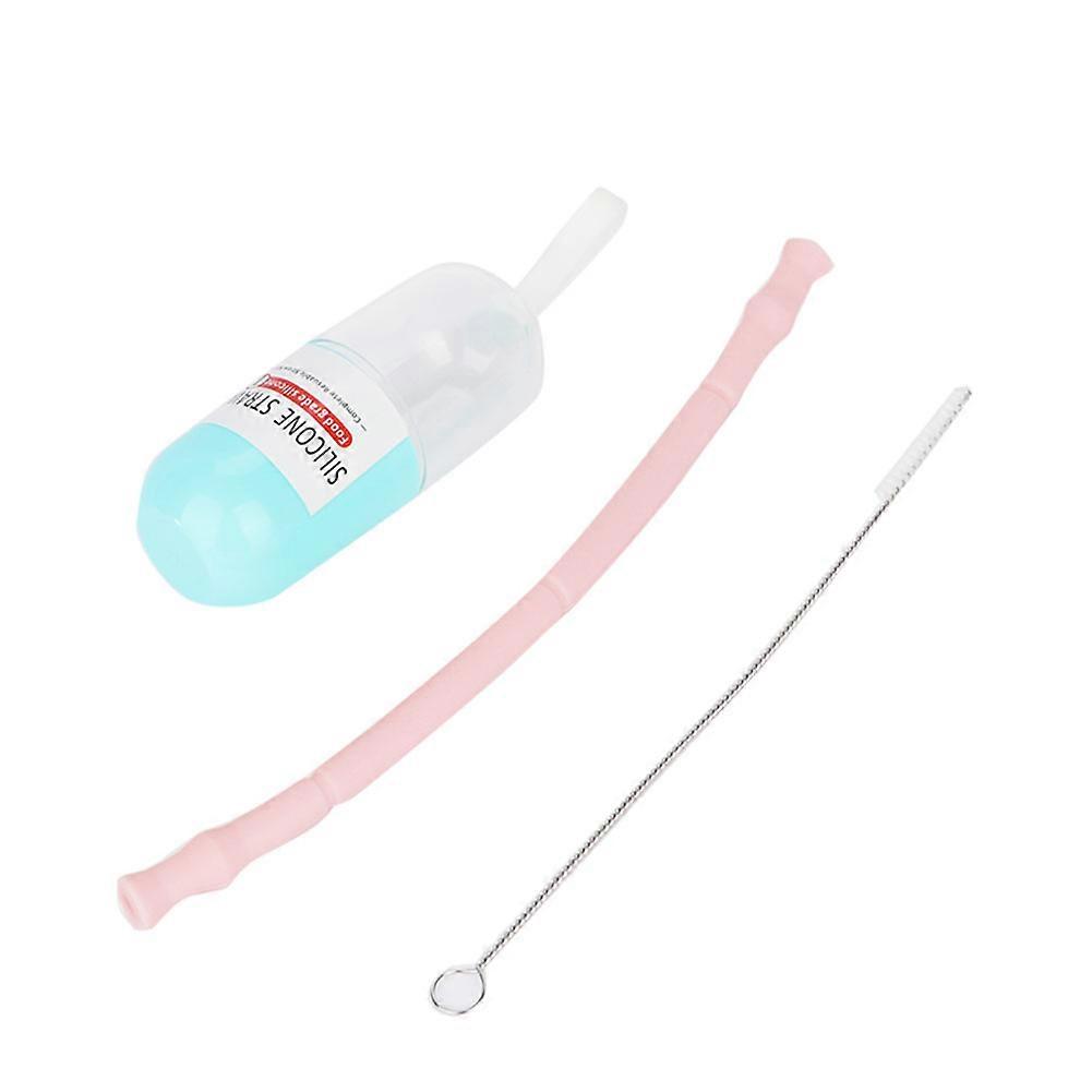Portable Folding Silicone Drinking Straw Reusable Straw with Cleaning Brush (Light Red)