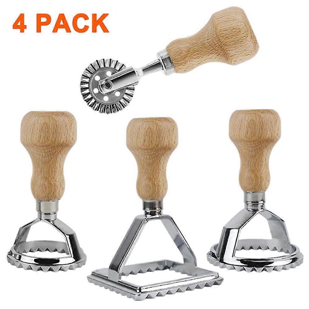 Ravioli Cutter Set,Round and Square Ravioli Stampers Shapers with Wooden Handle and Fluted Pasta Press Kitchen Tool-Set of 4