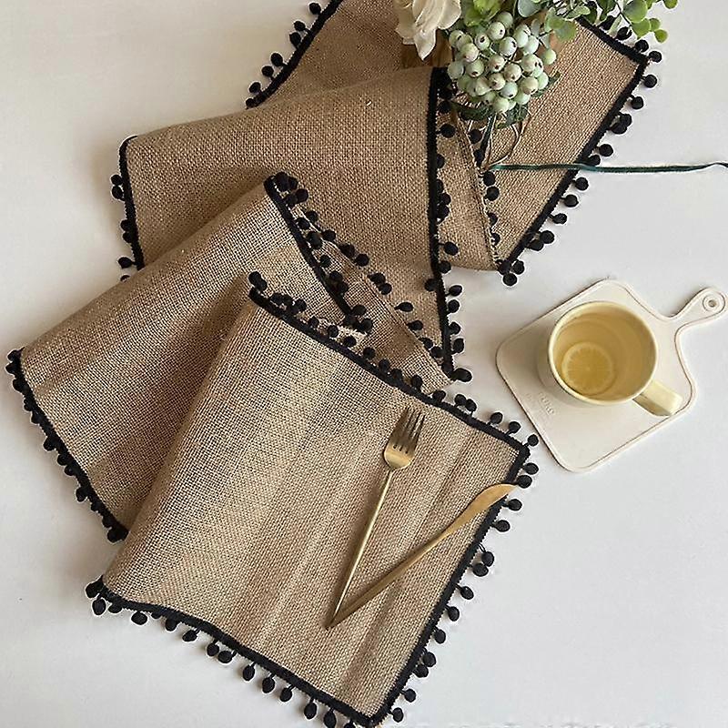 European Woven Tablecloth Jute Plush Ball Table Runner Retro Decorative Table Mat