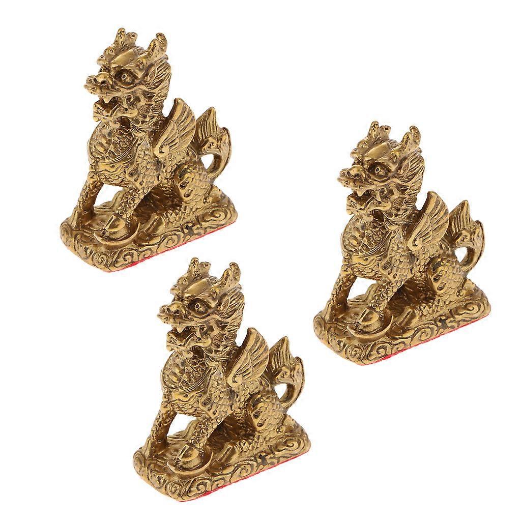 Feng Shui Golden Brass Chi Lin/Kylin Wealth Prosperity Statue Ornament Wealth and Good Luck, Set of 3