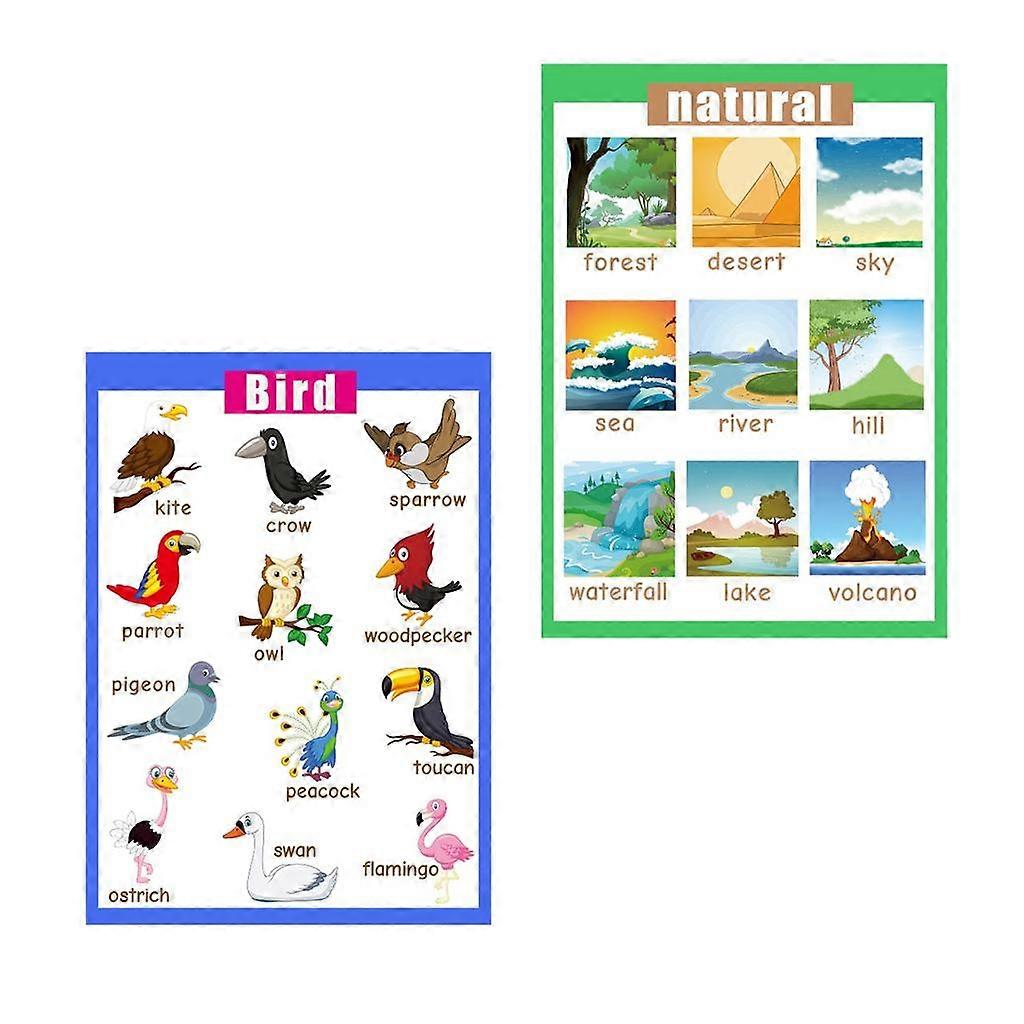 2ピース(鳥&自然)~未就学児、子供、早期学習、教育、壁、ポスター