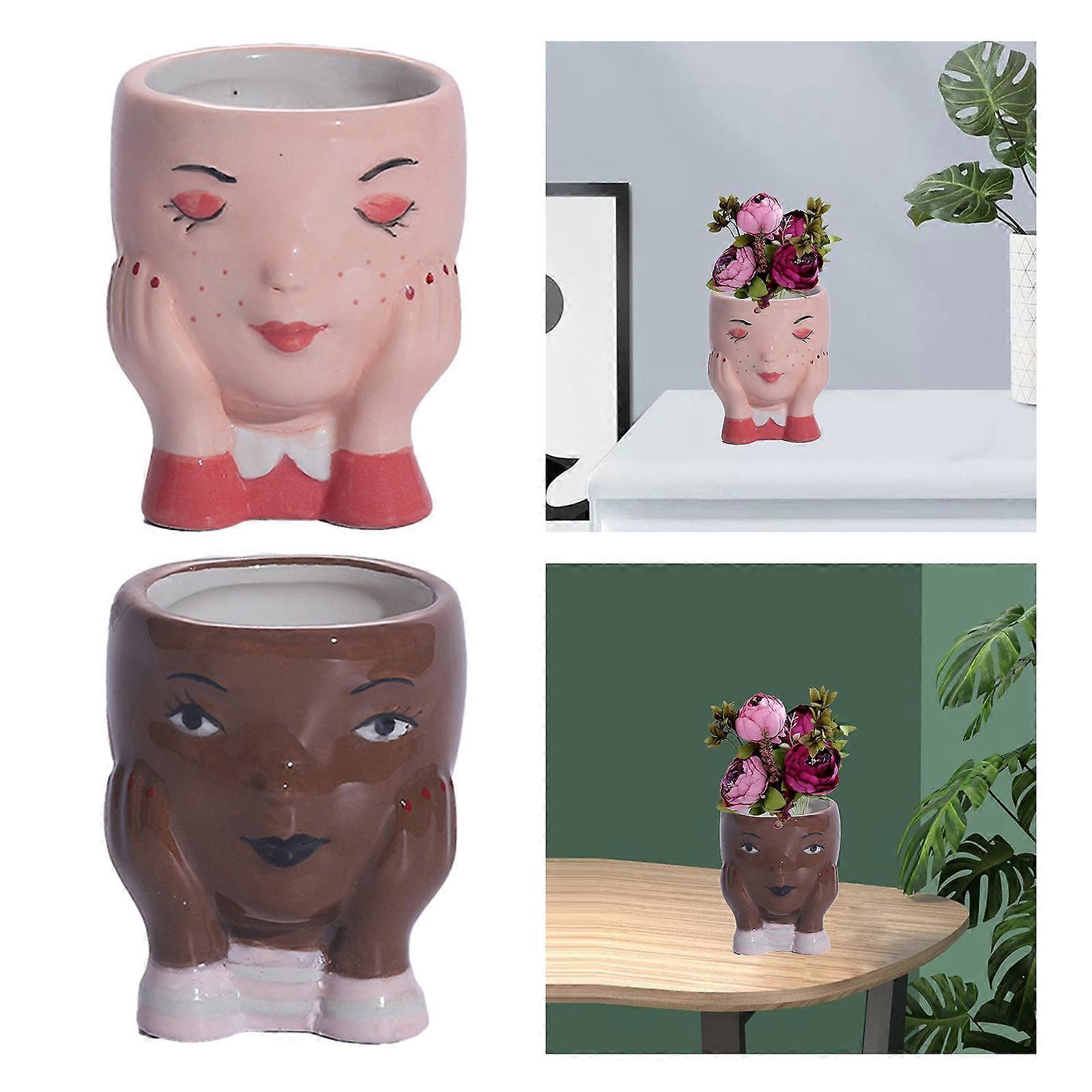 2x Plant Pot Face Planter Figurines