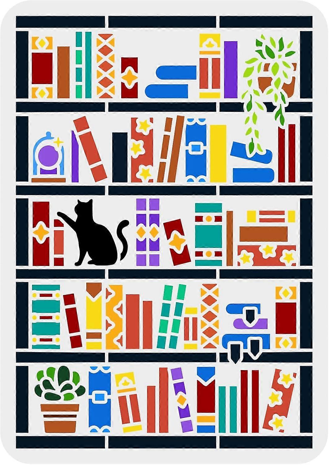 Bookcase Stencil 11.7x8.3inch Plastic PET Drawing Template Rectangular Stencil Book Template Cat and Plant Stencil Hollow Out Painting Stencil for Wal