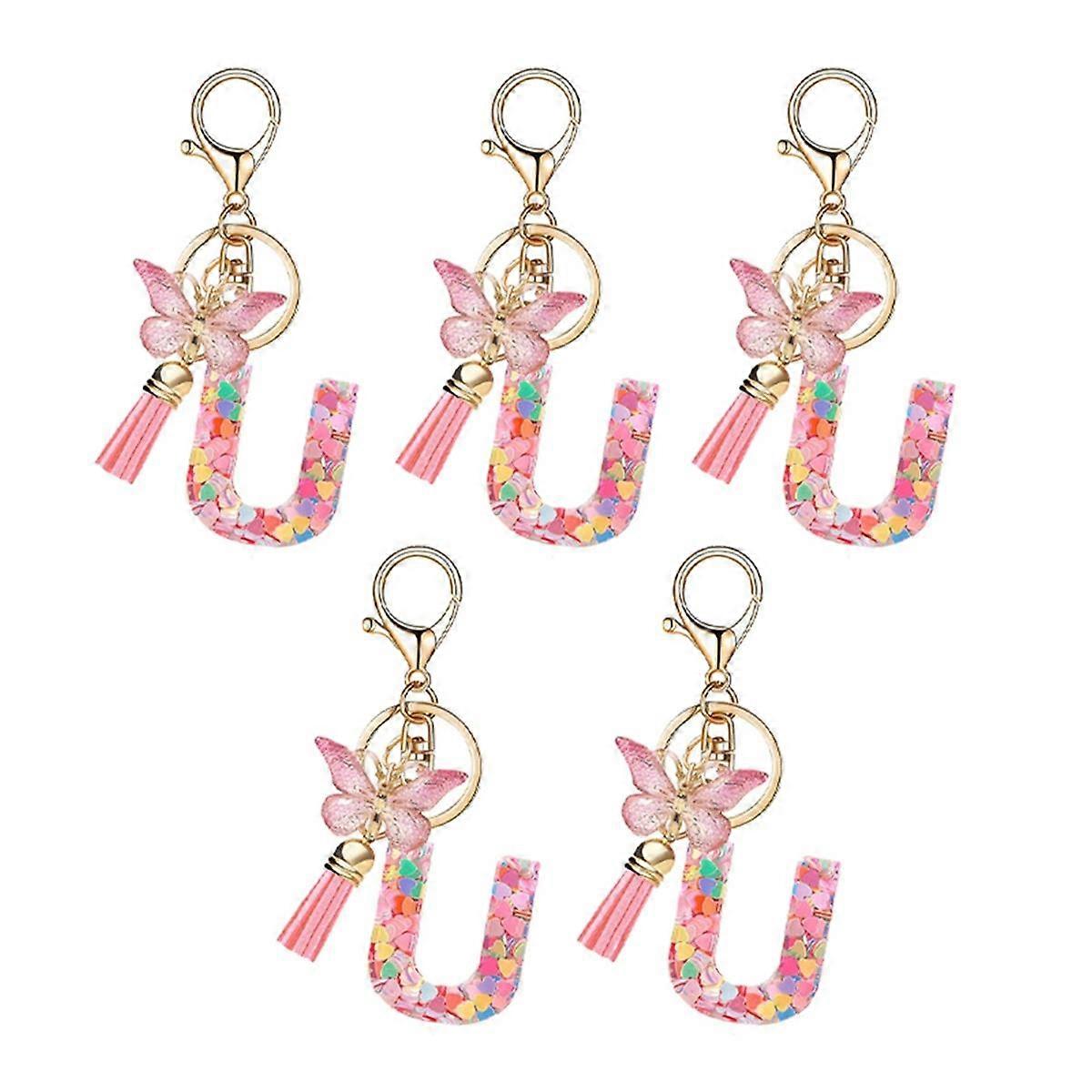 U Style Letter Pendant Pink Cute Initial Keychain Butterfly Keychain
