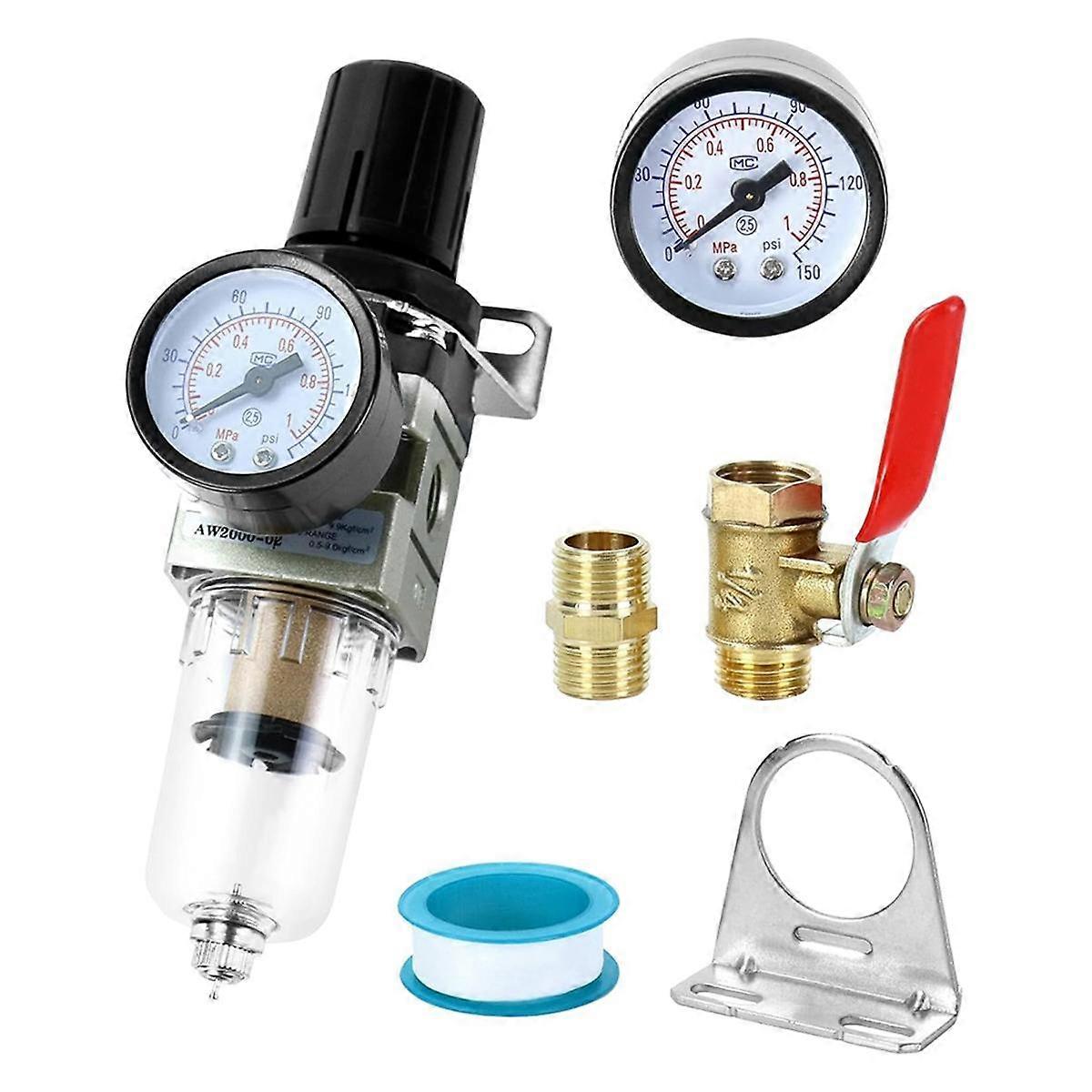1/4 Inch Air Compressor Filter Regulator Combo AW2000-02 - Brass Elements, 150 PSI Max Pressure, Compact Design