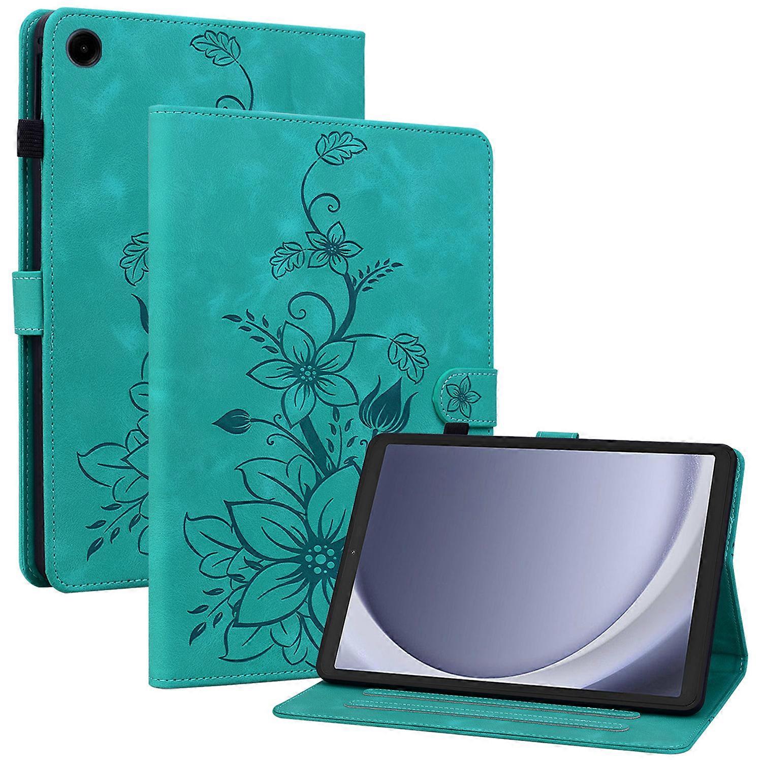 For Samsung Galaxy Tab A9 Protective Case Lily Flower Imprint PU Leather Tablet Case with Card Slots