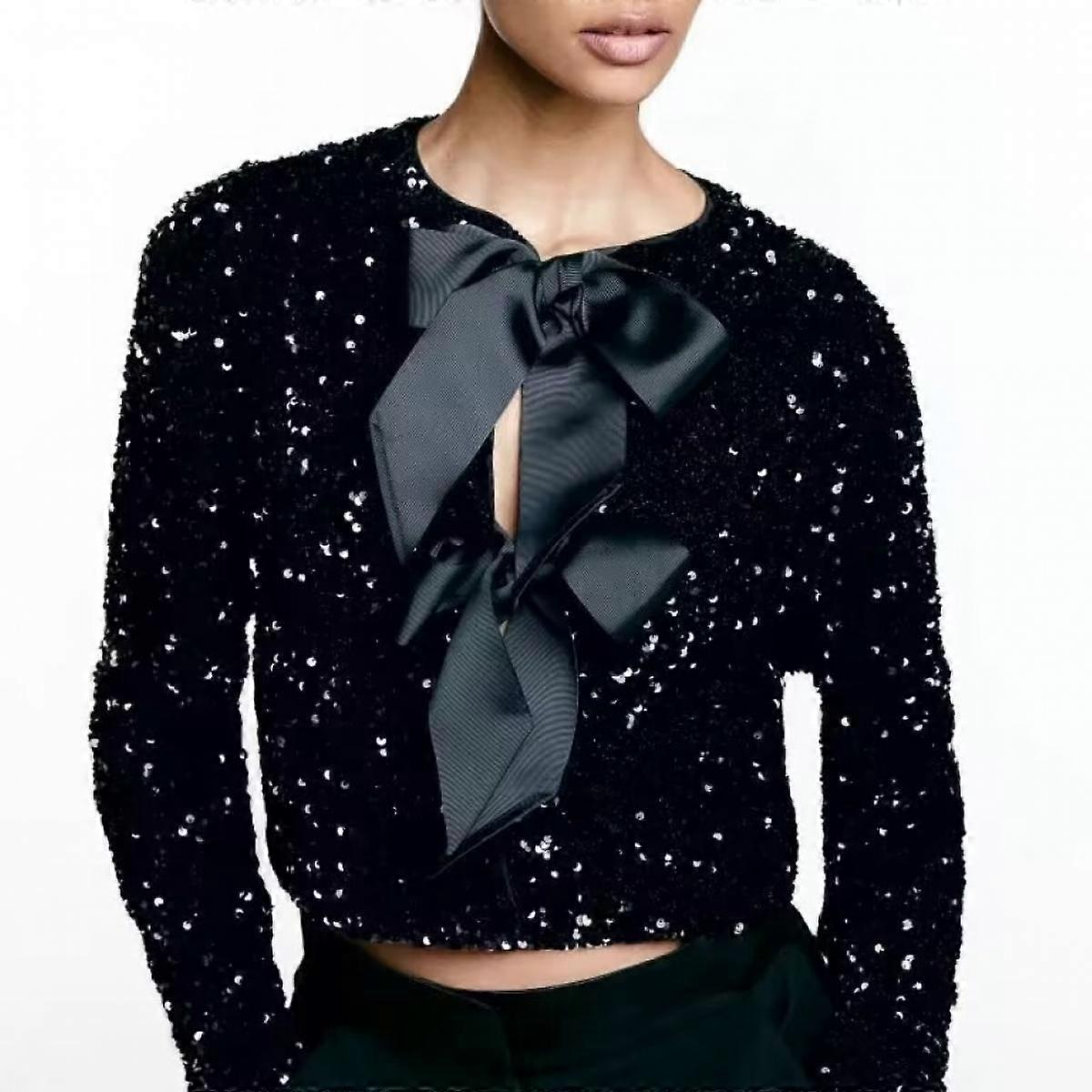 Black Bow Tie-Front Sequin Jacket Cardigan Top Short Jacket 2024