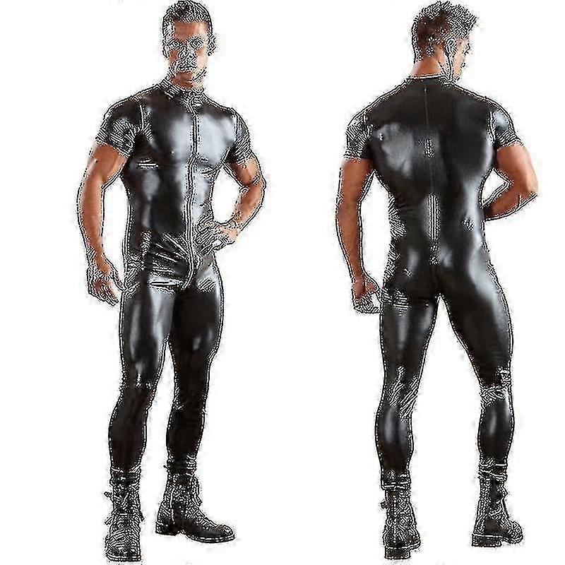 Sexy Male's PU Leather Catsuit For Men Tight Skin Full Bodysuit Jumpsuit Front Zipper Open Crotch Latex
