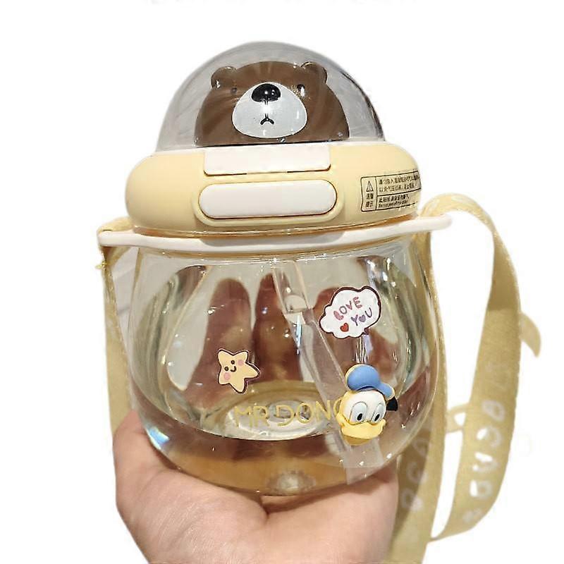 Cute Bear Straw Cup Plastic Water Cup Yellow + Sticker 650ML