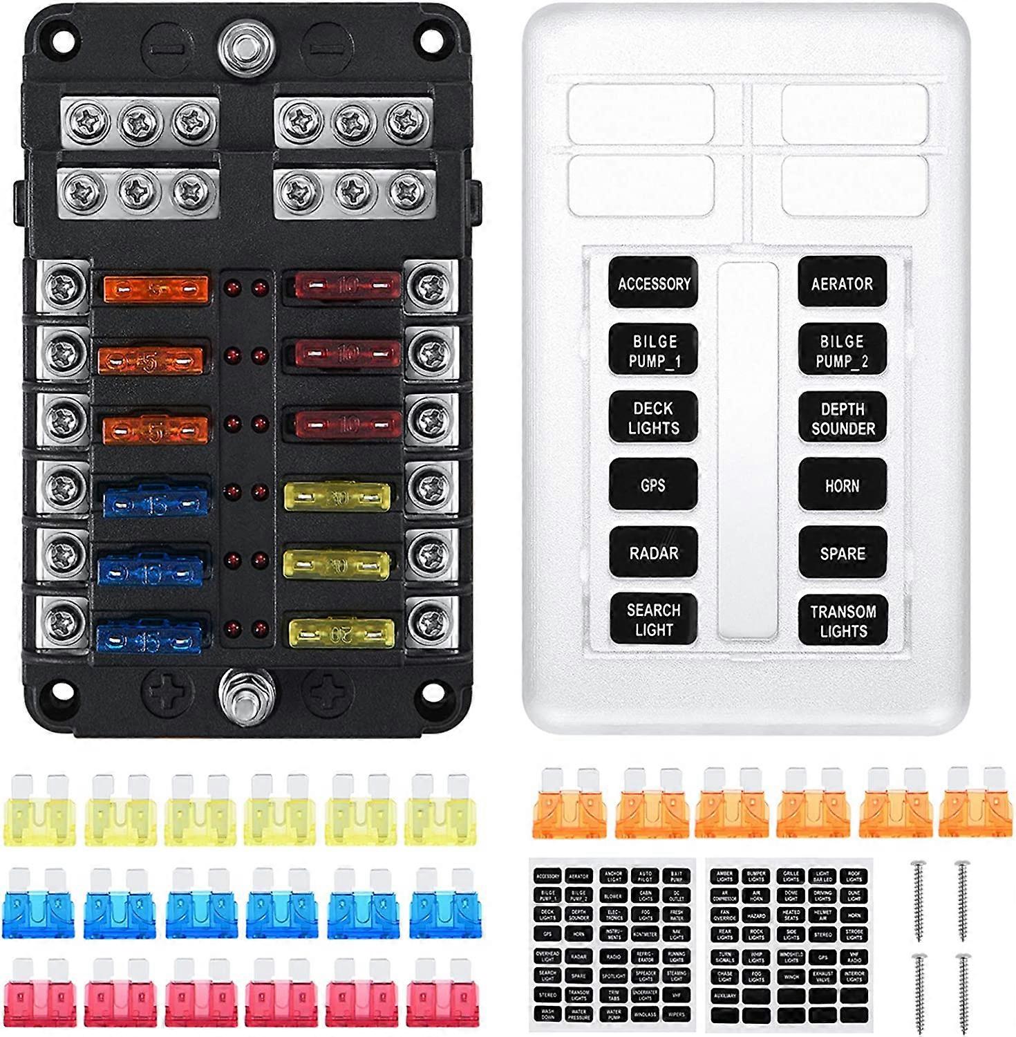 12 Way Teardrop Fuse Holder, Fuse Box with 24 Fuses 12 LED Lights Protective Cover for Car Boat Motorhome