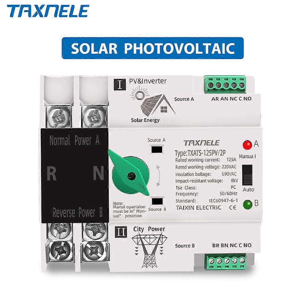 Din Rail ATS PV Solar Inverter Dual Power Automatic Transfer Selector Switches Uninterrupted Power 2P 63A 100A 125A Photovoltaic