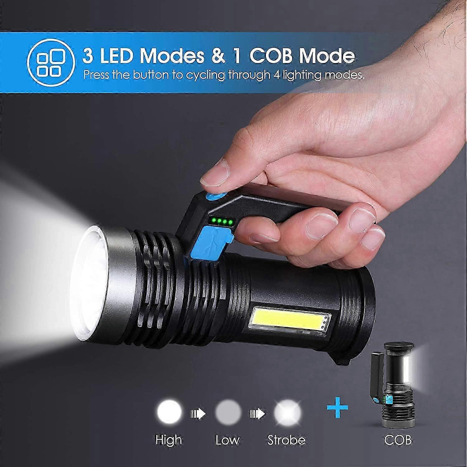 USB Rechargeable Flashlight, 4 Modes Portable Powerful LED Flashlight with COB Work Light and Handle