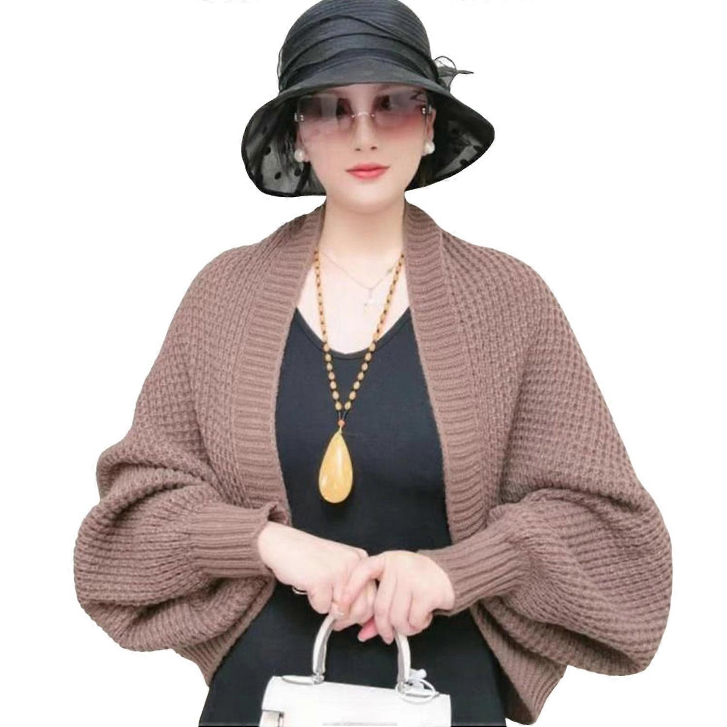 Autumn Winter Knitting Shawl Ribbed Trim Long Sleeve Open Front Shawl Wrap Solid Color Ribbed Trim