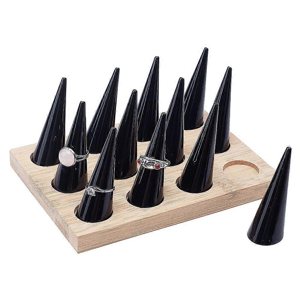 Wooden Ring Showcase Display Holder with 12Pcs Acrylic Finger Ring Cone Shaped Display Stand Black 16x12x8cm