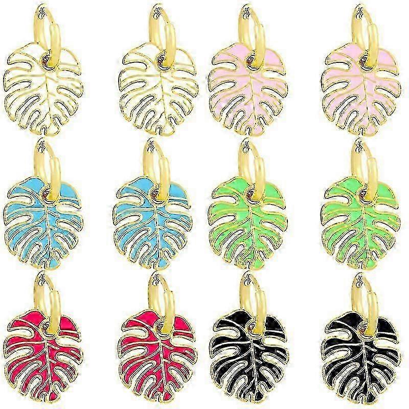 Monstera Leaf Hoop Earrings White//blue Enamel Tiny Drop Earring--black|model Code6216