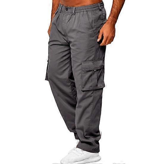 Men Pants Elastic Waist Loose Solid Color Multi Pockets Loose Pure Color Plus Size Breathable Straight Soft Daily Wear Outdoor Long Cargo Trousers