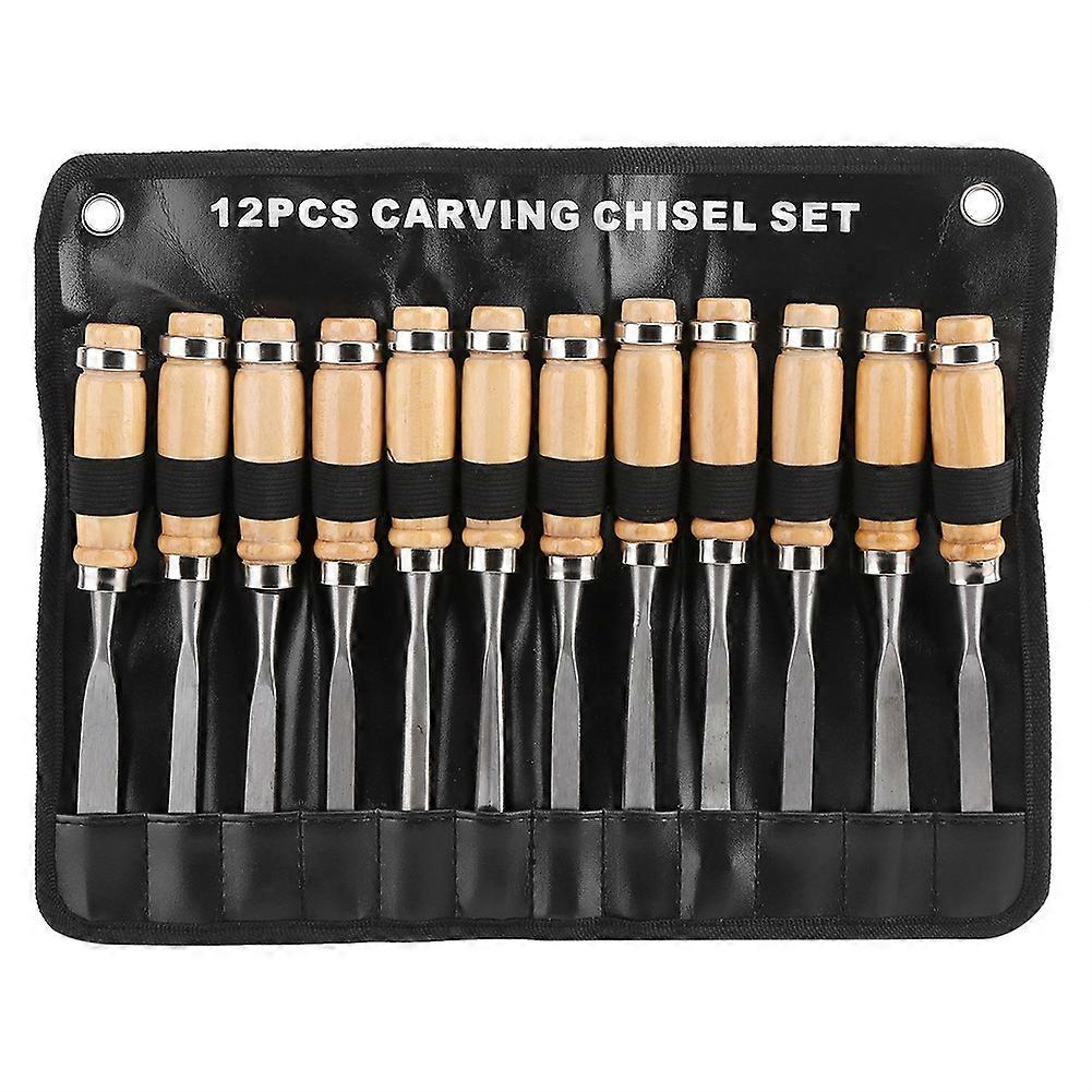 12Pcs Woodworking Hand Chisel Set with Wooden Steel Carving Gouges and Storage Bag for DIY Crafts