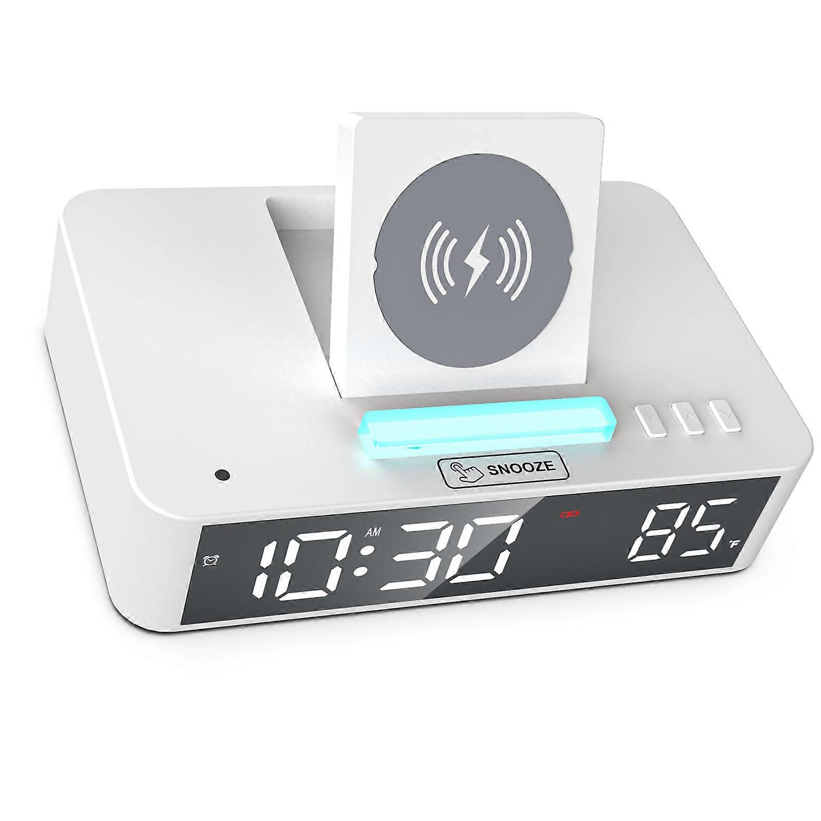 Multifunctional LED Mirror Digital Alarm Clock Desktop Electronic Clock with RGB Ambient Light Snooze Mode Temperature Display 10W Wireless Charging