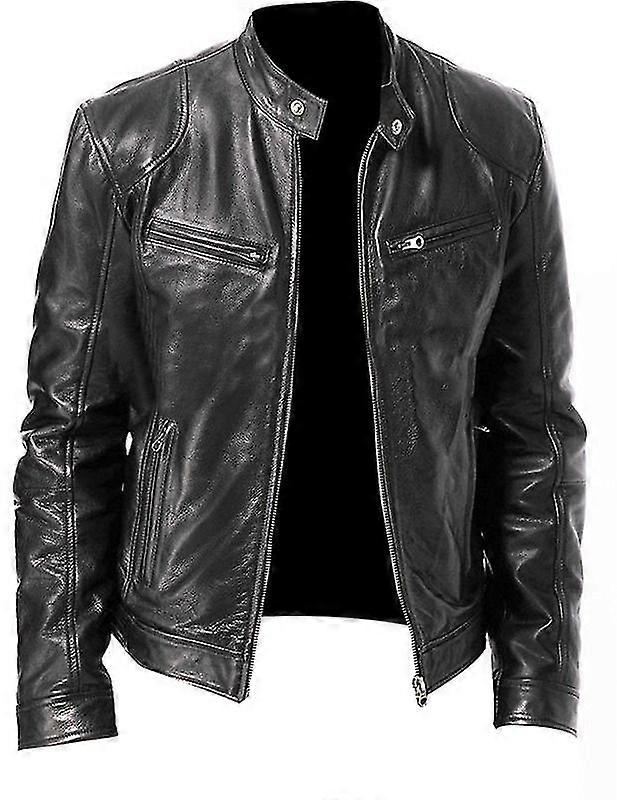 Men's Slim-Fit Short Leather Jacket with Lapel Zipper Stand and Windproof Design for Autumn