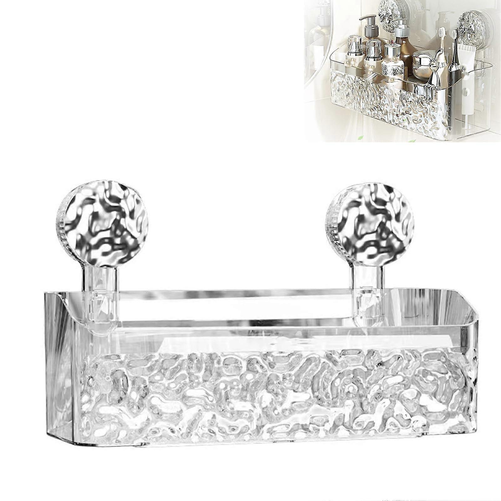 Bathroom Shelf, Large Clear Suction Cup Corner Shower Caddy with Drain Holes and Hooks, Removable Storage Organizer