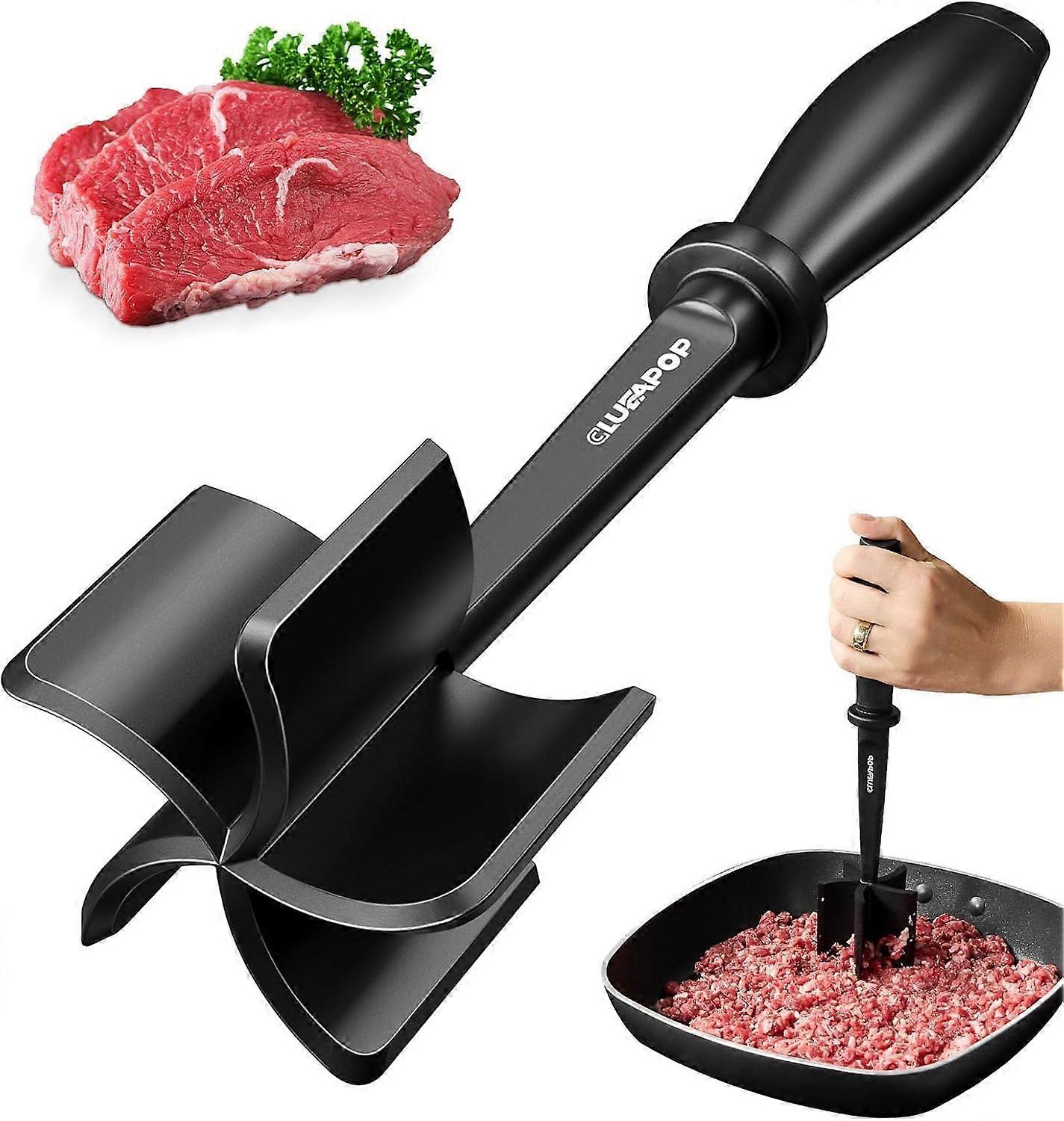 Premium Meat Chopper - Hamburger Smash, Non -Stick Masher with Nylon Puree, Fork & Mix Chop Black