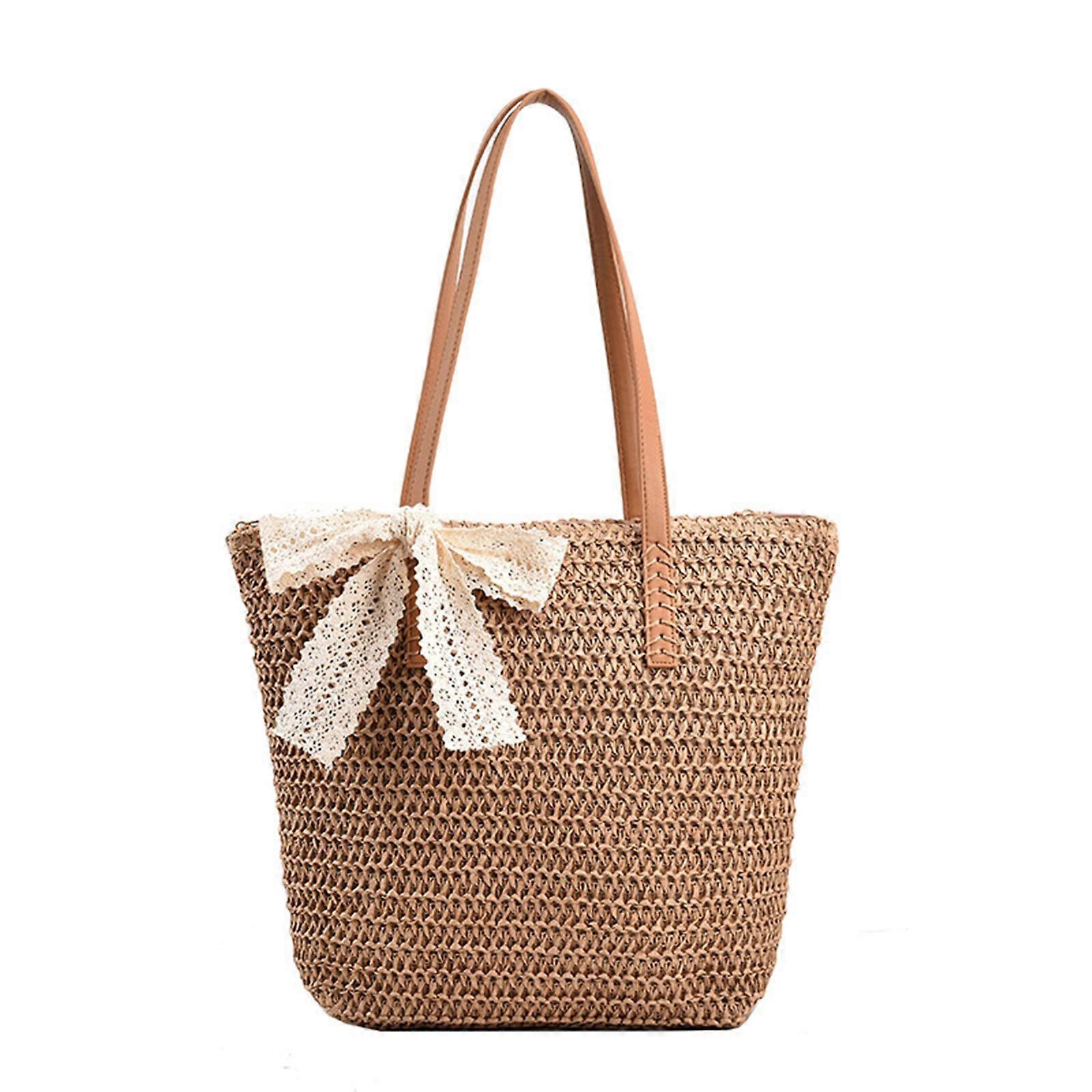Functional Straw Shoulder Bag Large Capacity Underarm Bags Bows Handbag Suitable for Students and Working Professionals Khaki