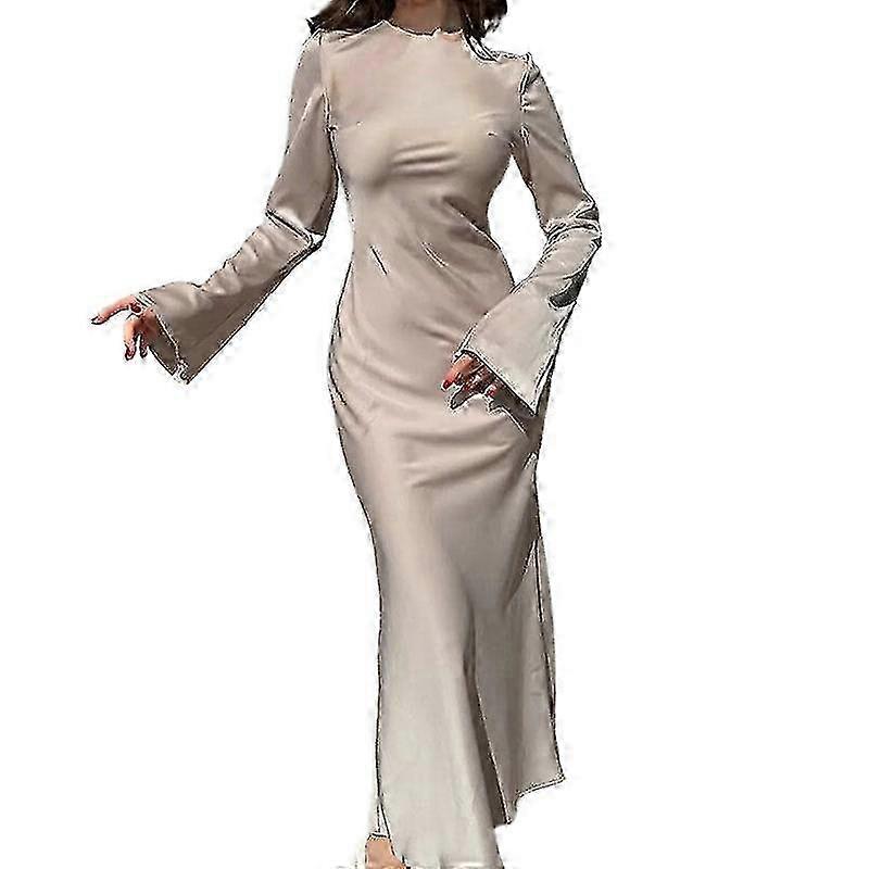 Damen Satin Maxikleid Langarm Hohe Taille Elegantes einfarbiges Abendkleid
