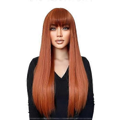 Long Orange Straight Wig with Bangs Synthetic Wigs for Women 26 Inch Heat Resistant Fiber Wig for Daily Party Wear