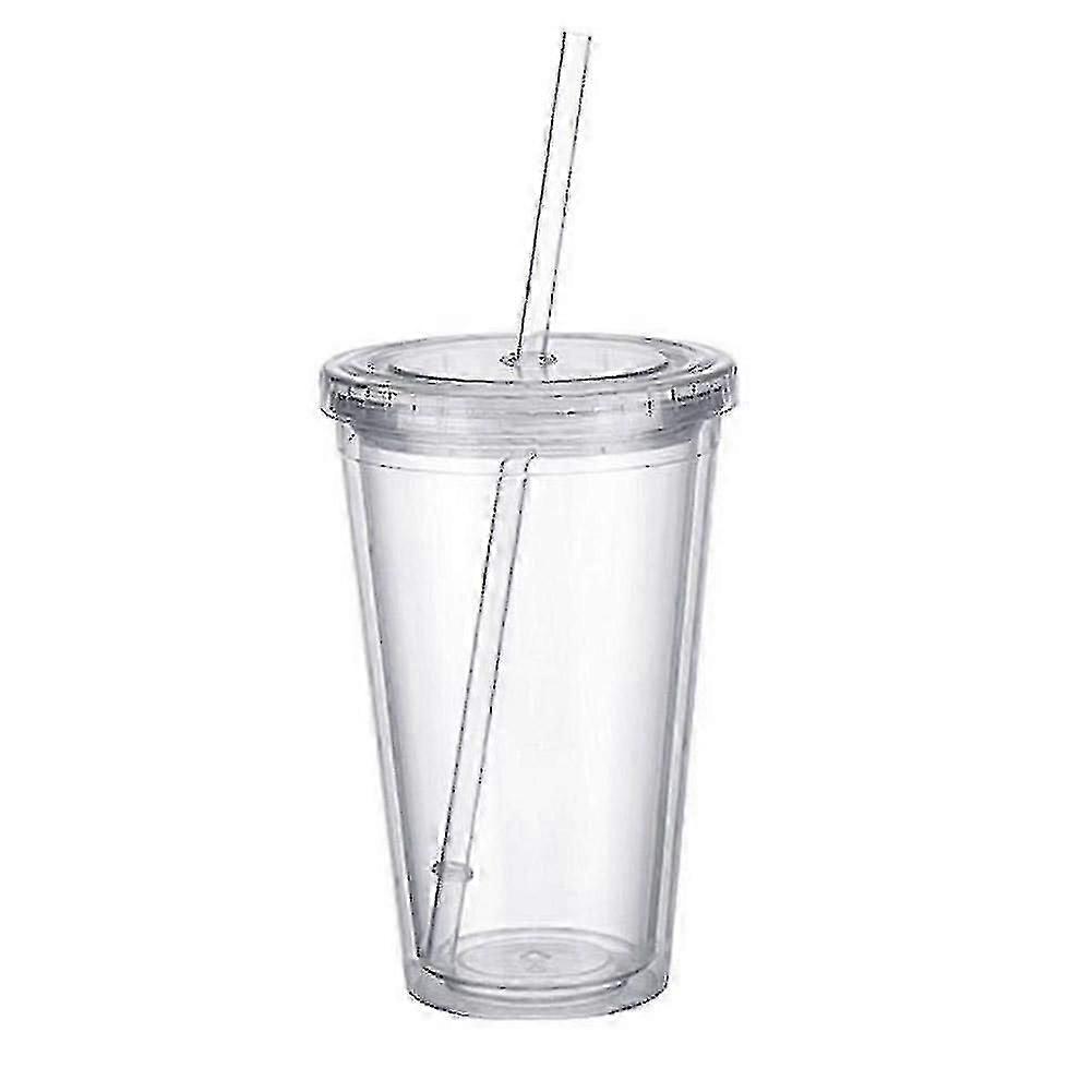 Double-layer Plastic Cup With A Lid And Straw, Insulated Coffee Cup, 500ml, Transparent-Good