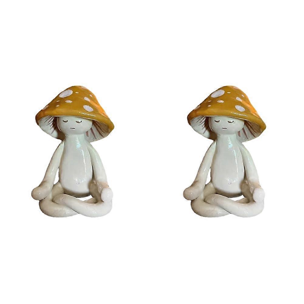 Set of 2 Resin Meditation Mushroom Figurines with Closed Eyes for Desk, Home Office and Garden Decor