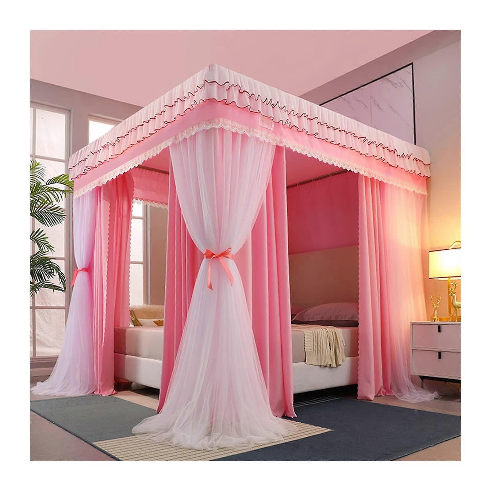 Canopy Bed Curtain Net Tent for Single/Double Bed 180x200x200cm Pink, Decorative Dustproof 4 Corners Bed Canopy