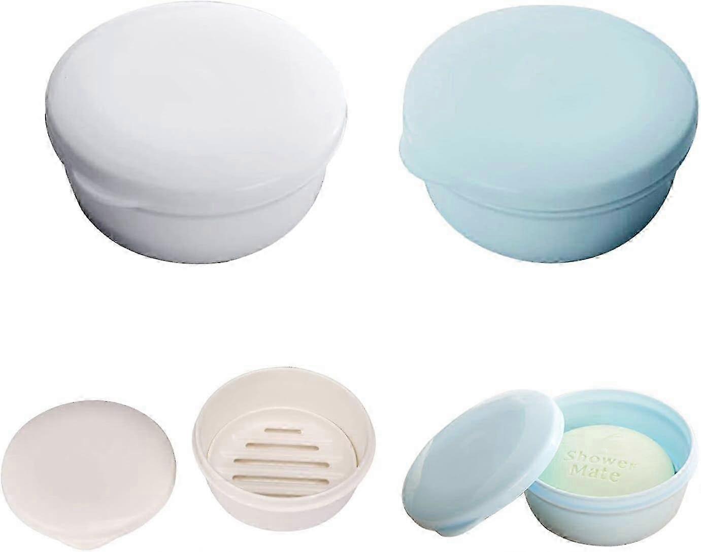 トラベルソープディッシュセット - 丸型プラスチックボックス2個、おむつ付き、ブルー&ホワイト