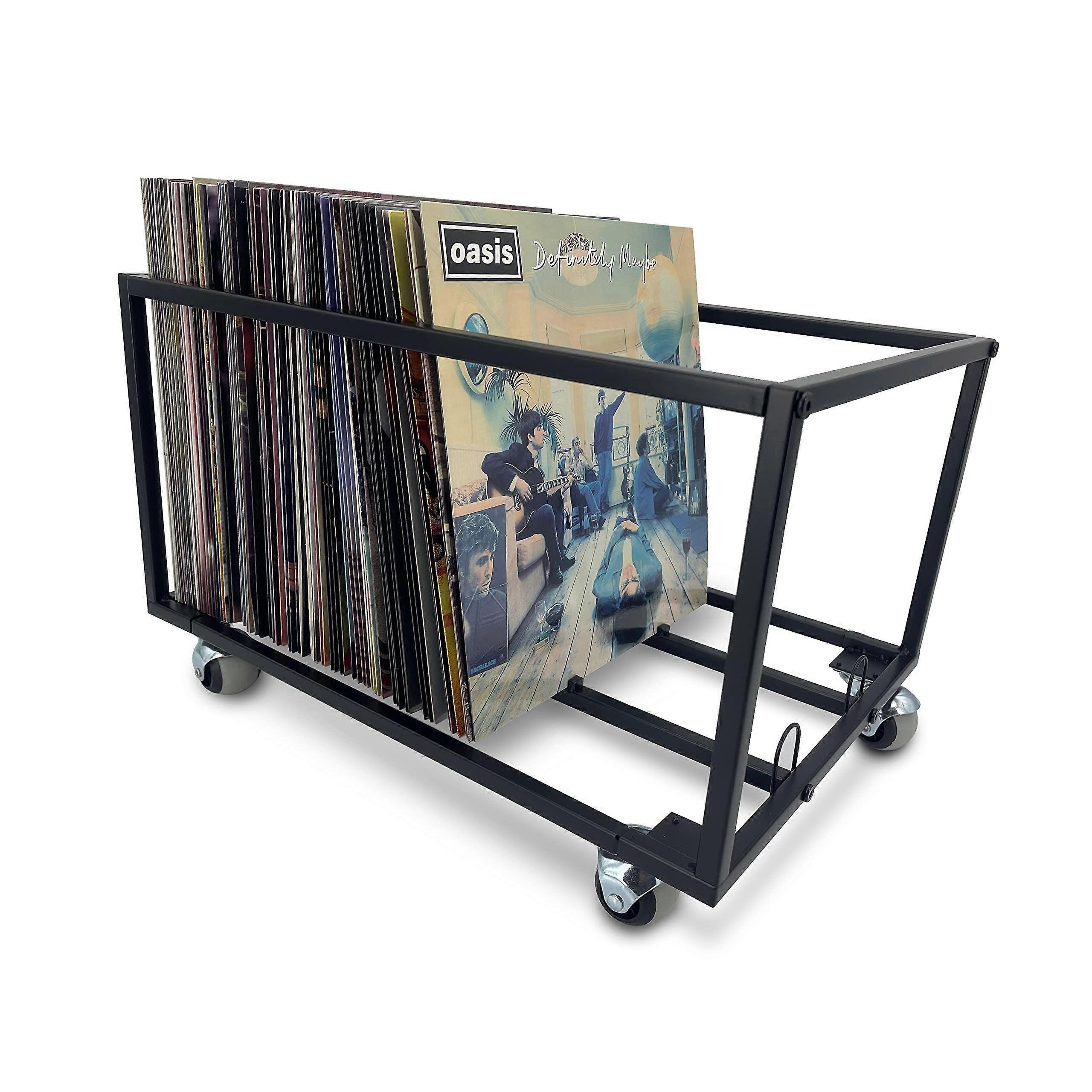 حامل أسطوانات الفينيل على عجلات يحمل ما يصل إلى 100 LP حامل ألبوم منظم تسجيلات الفينيل هيكل معدني قوي (أسود ناعم) ، أسود ، حديث