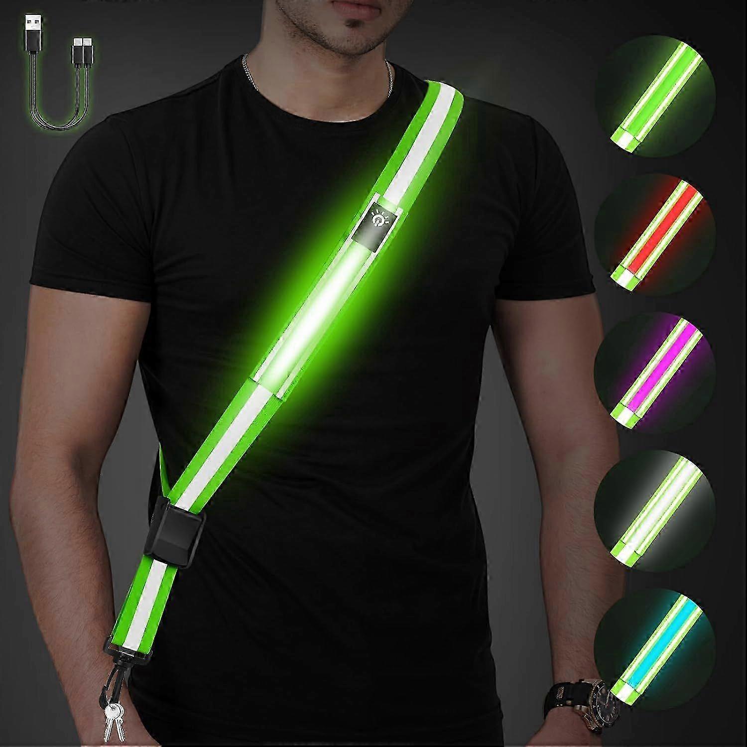 LED Reflective Belt Sash - Green Colors & 3 Light Modes High Visibility Night Safety Belt, Rechargeable Light Up Running Gear Adjustable Ves
