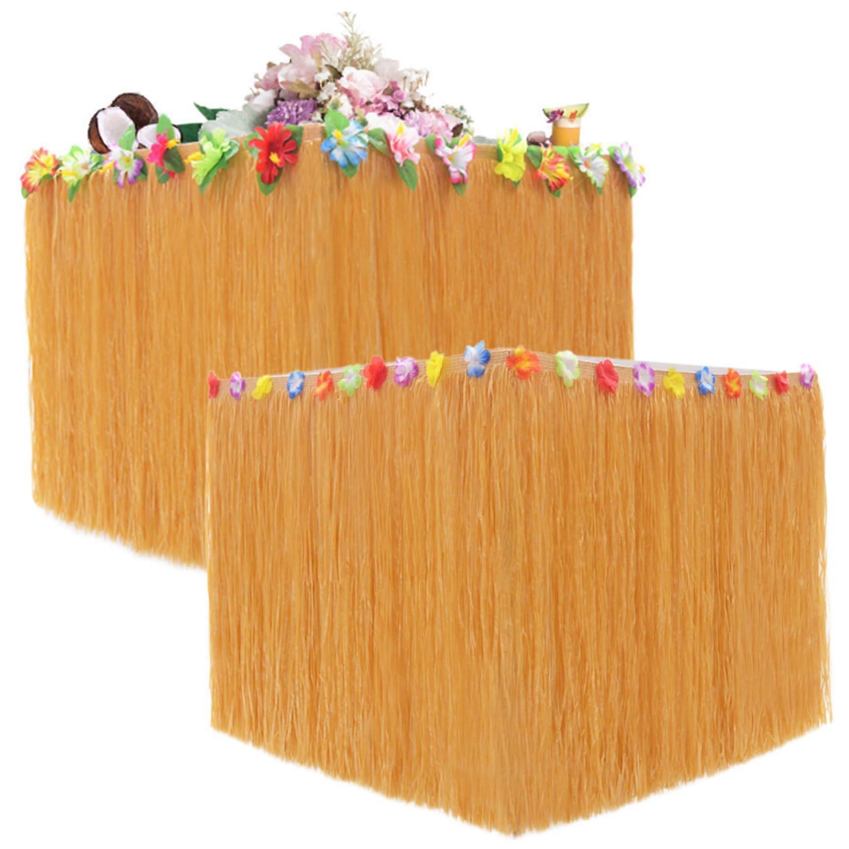 Hawaiian Table Skirt, Flower Panels, Reusable Raffia, Fringe Grass, Tiki Bar (Yellow)