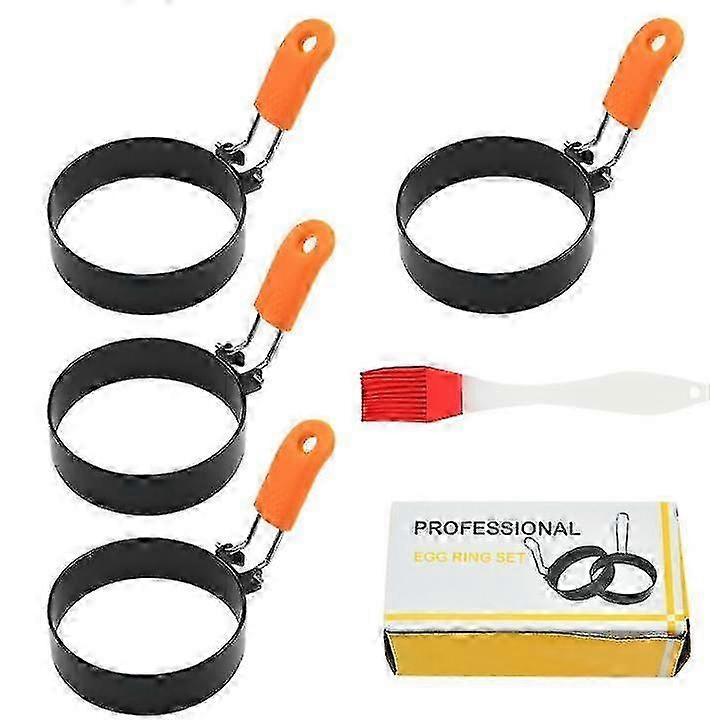 Frying Egg Rings - Round Cooking Molds with Silicone Handle, Nonstick Set of 4 with Oil Brush