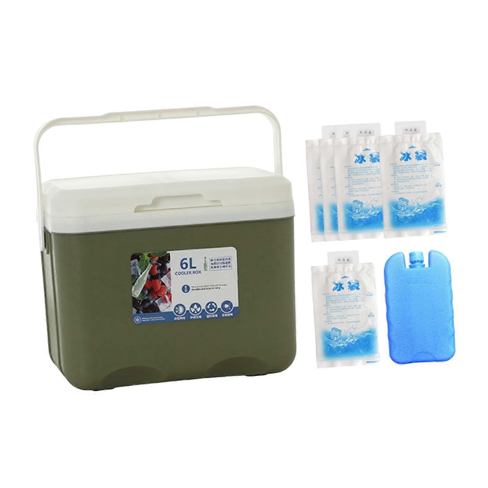 Portable Camping Cooler Box, 6 L, with Handle and Ice Pack, Ideal for Grilling, Boating, Camping, Hiking, Milk Green