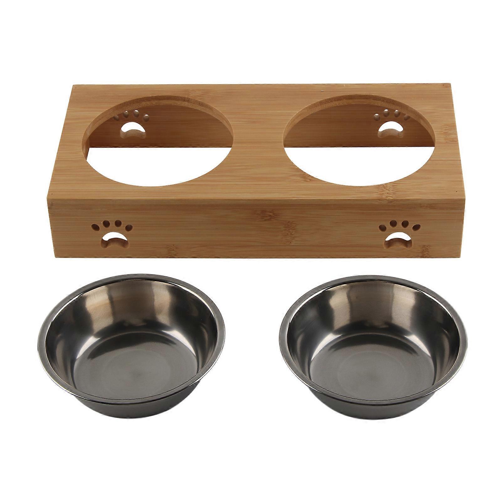 Bamboo Double Bowl Cartoon Prevent Slipping Easy to Clean Pet Table with Bowls and Handle for Cats Dogs