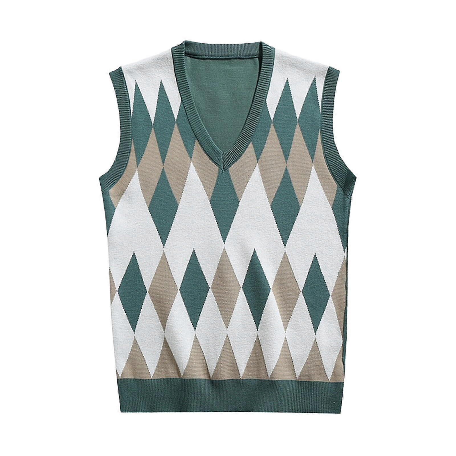 Men's Sweater Vest Checked Sleeveless Knitted V Neck Cotton XL Green